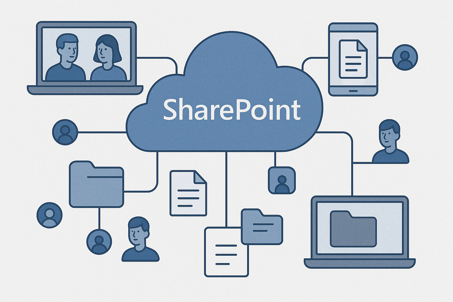 Illustration of SharePoint as a cloud-based file server with folders and users connected